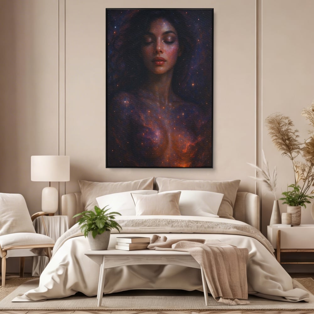 Tablou canvas cu tablou canvas cu femeie si galaxie, in rama de aluminiu negru, pe perete intr-un dormitor